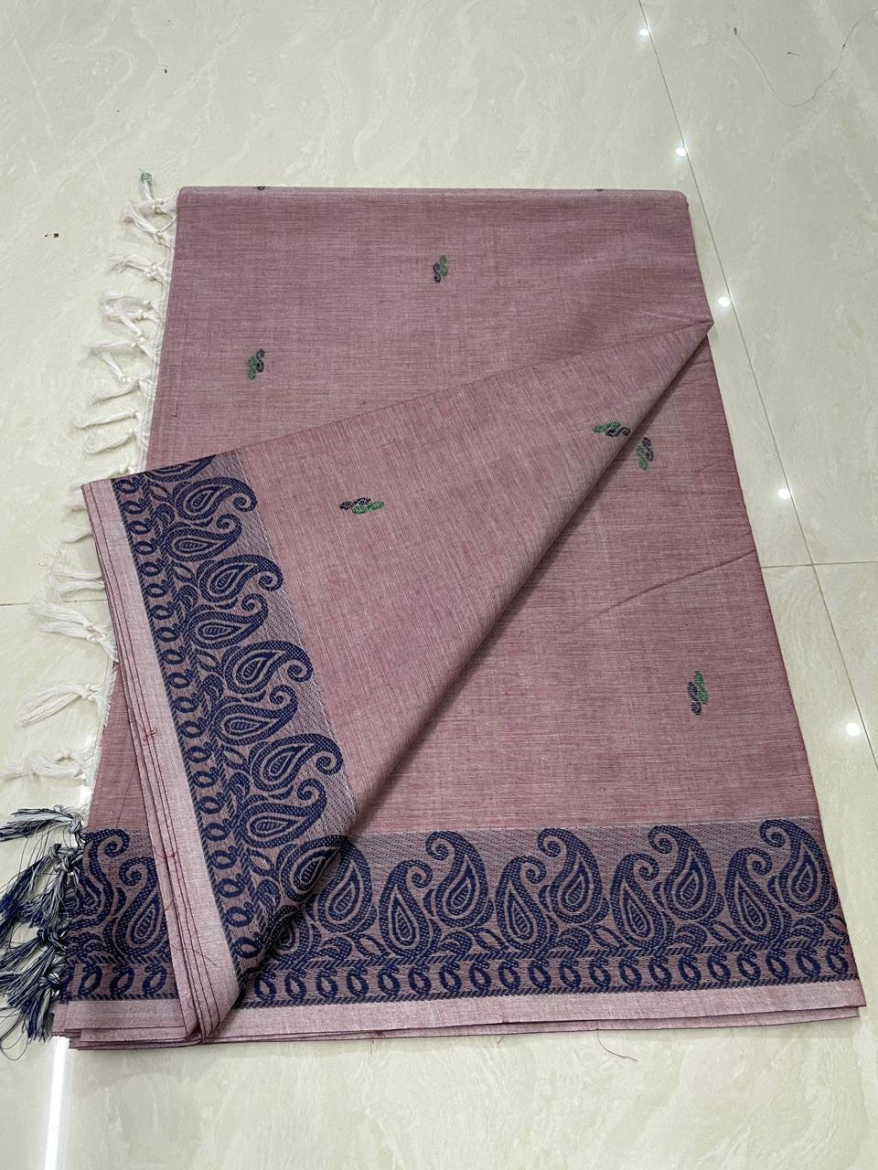 Sangita onion pink tone mango border Chettinad cotton saree