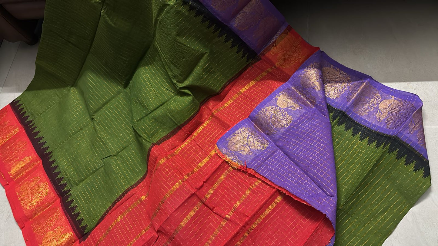 Green body Ganga Jamuna Sungudi Saree with violet and red temple borders