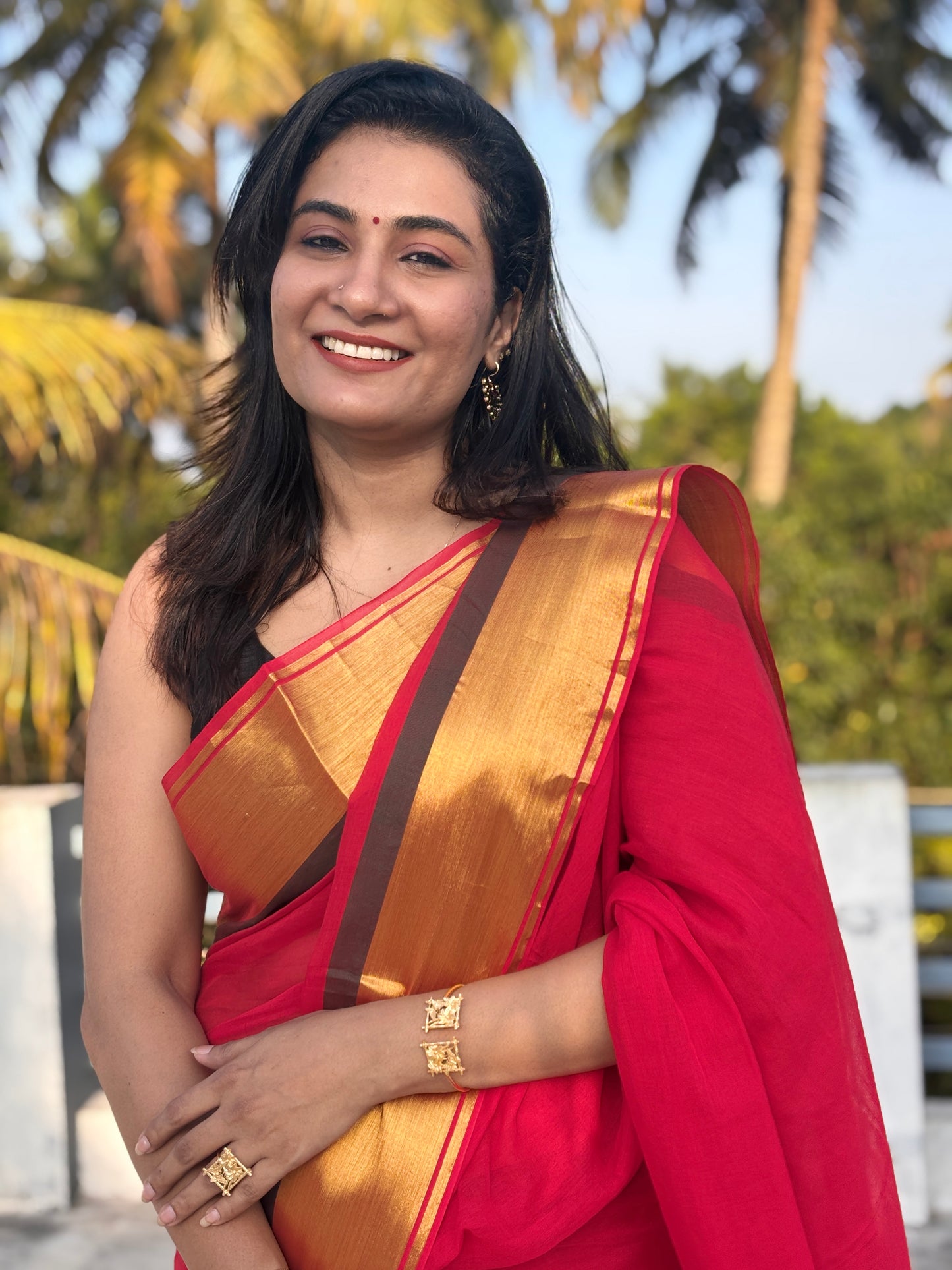 Festive red with green border handloom mal saree