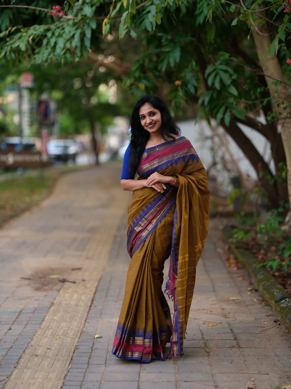 Sangita Chettinad kanchi cotton rustic shade with temple border Saree