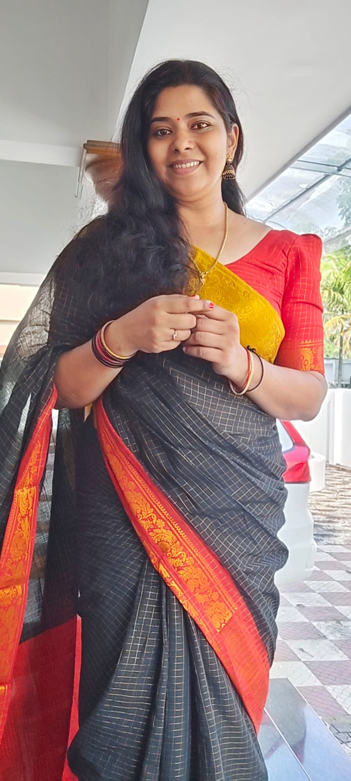 Black zari checks mustard maroon Ganga Jamuna Sungudi Handloom Cotton Saree