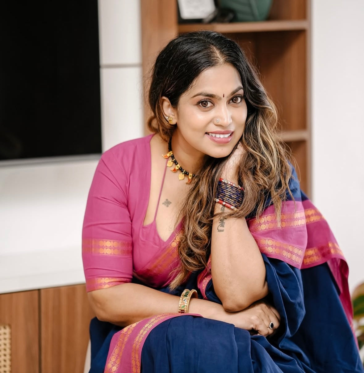 Tarangini vintage Navy blue and majenta Rudraksha border sungudi saree Rajila’s choice