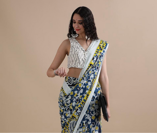 Vasantika (वसन्तिका) Jaipur Block printed Soft Cotton Sarees, Kalamkari design VA02