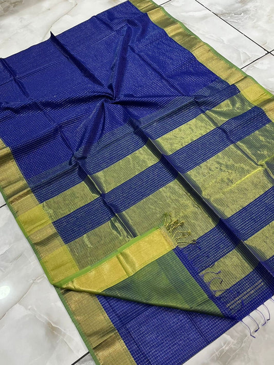 Kalyanika Zari Checks Maheshwari silk saree Navy blue with olive green border