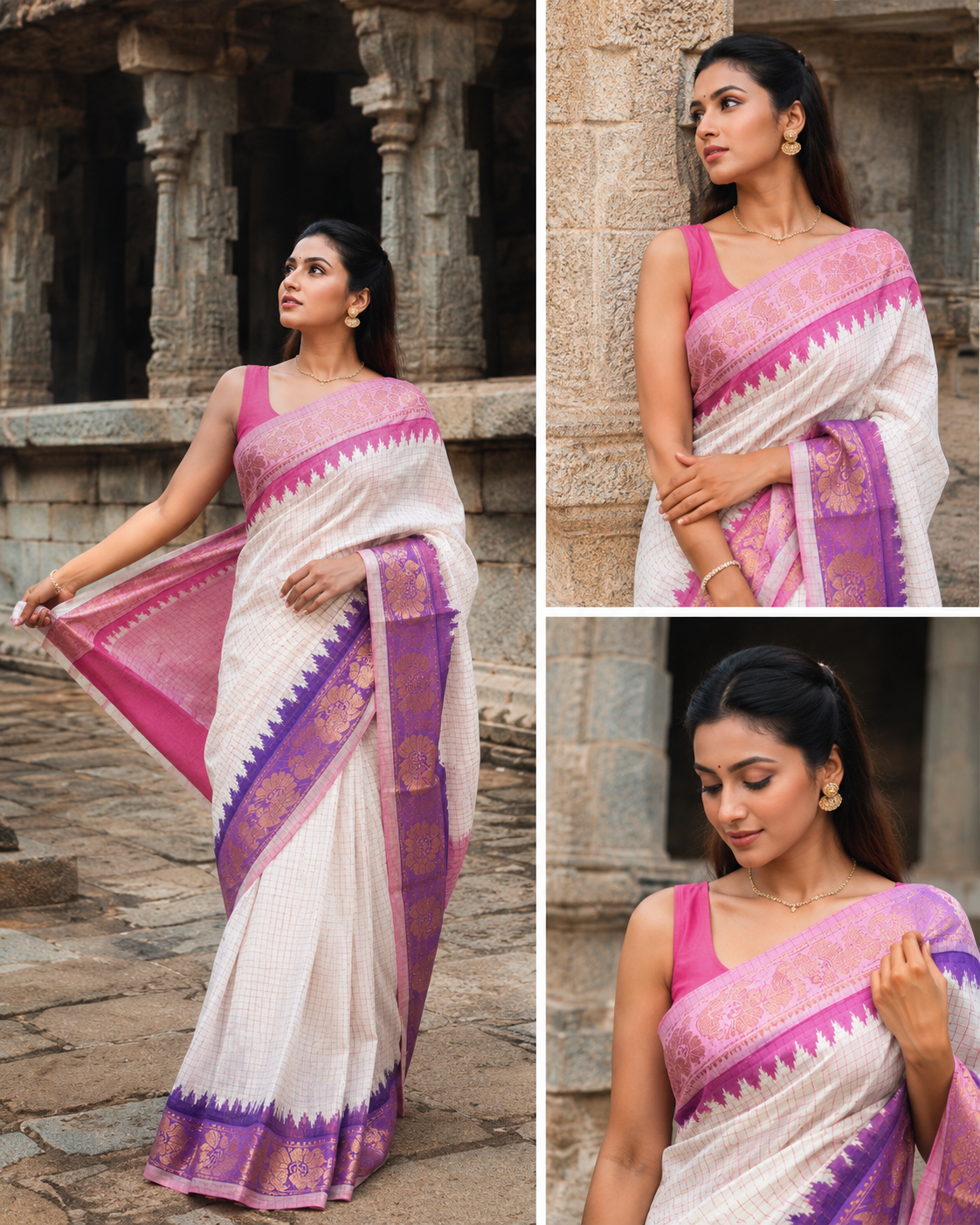 Ganga jamuna Sungudi handloom cotton Saree with pink and purple temple border