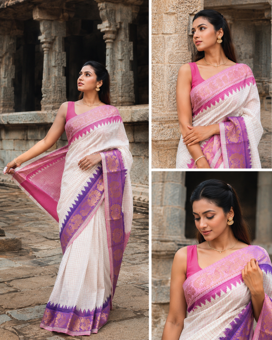 Ganga jamuna Sungudi handloom cotton Saree with pink and purple temple border