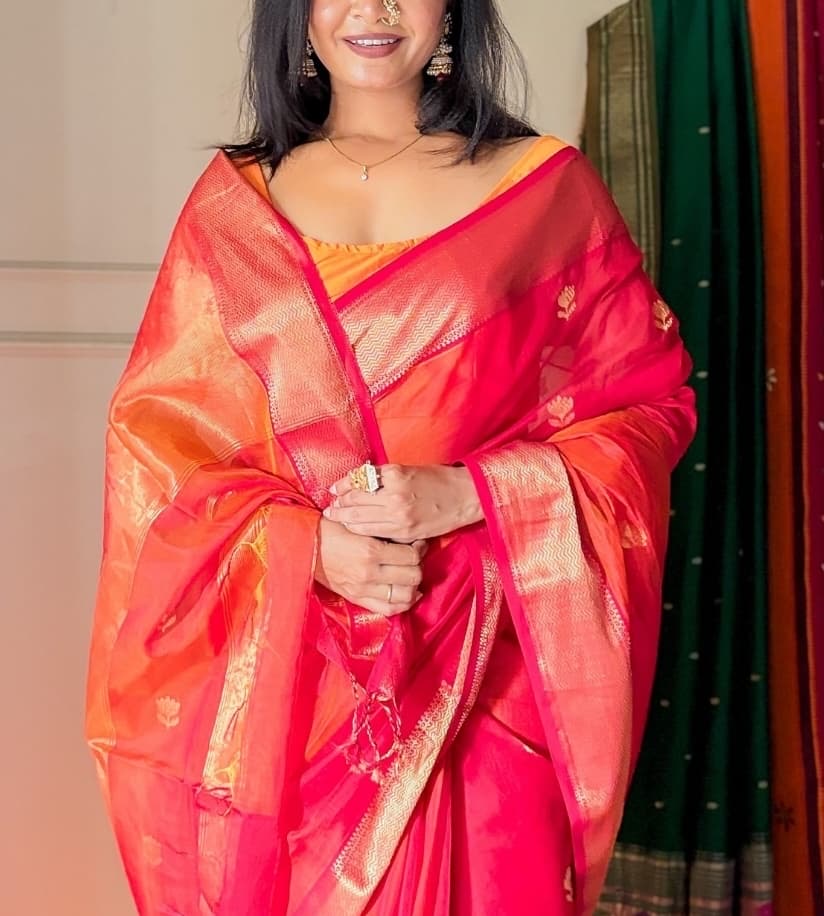 Kalyanika Dual tone Maheshwari lotus butta silk sarees