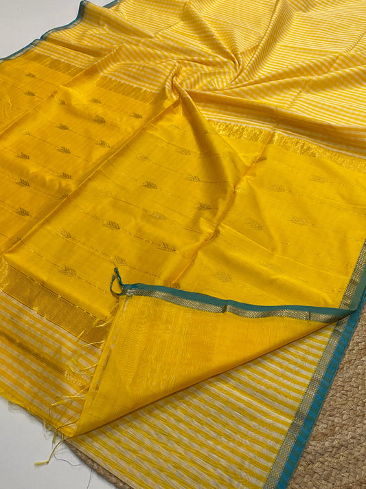 Pre Order : Kalyanika Maheshwari Silk Cotton festive Yellow zari check Sarees