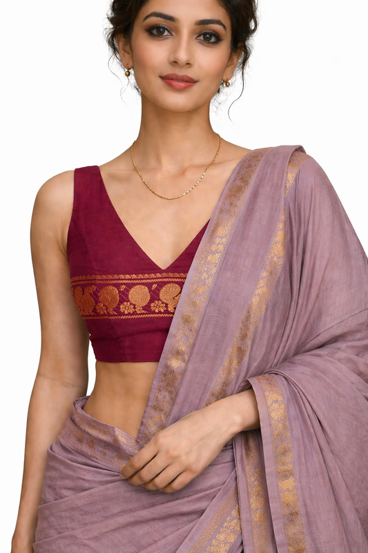 Onion brown shade Sungudi handloom Cotton Saree with maroon Blouse