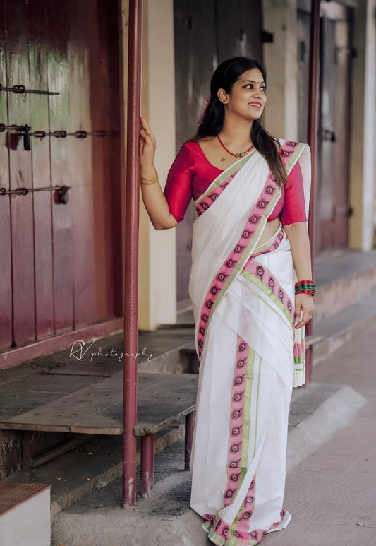Onam Special Set Mundu pink and green Peeli