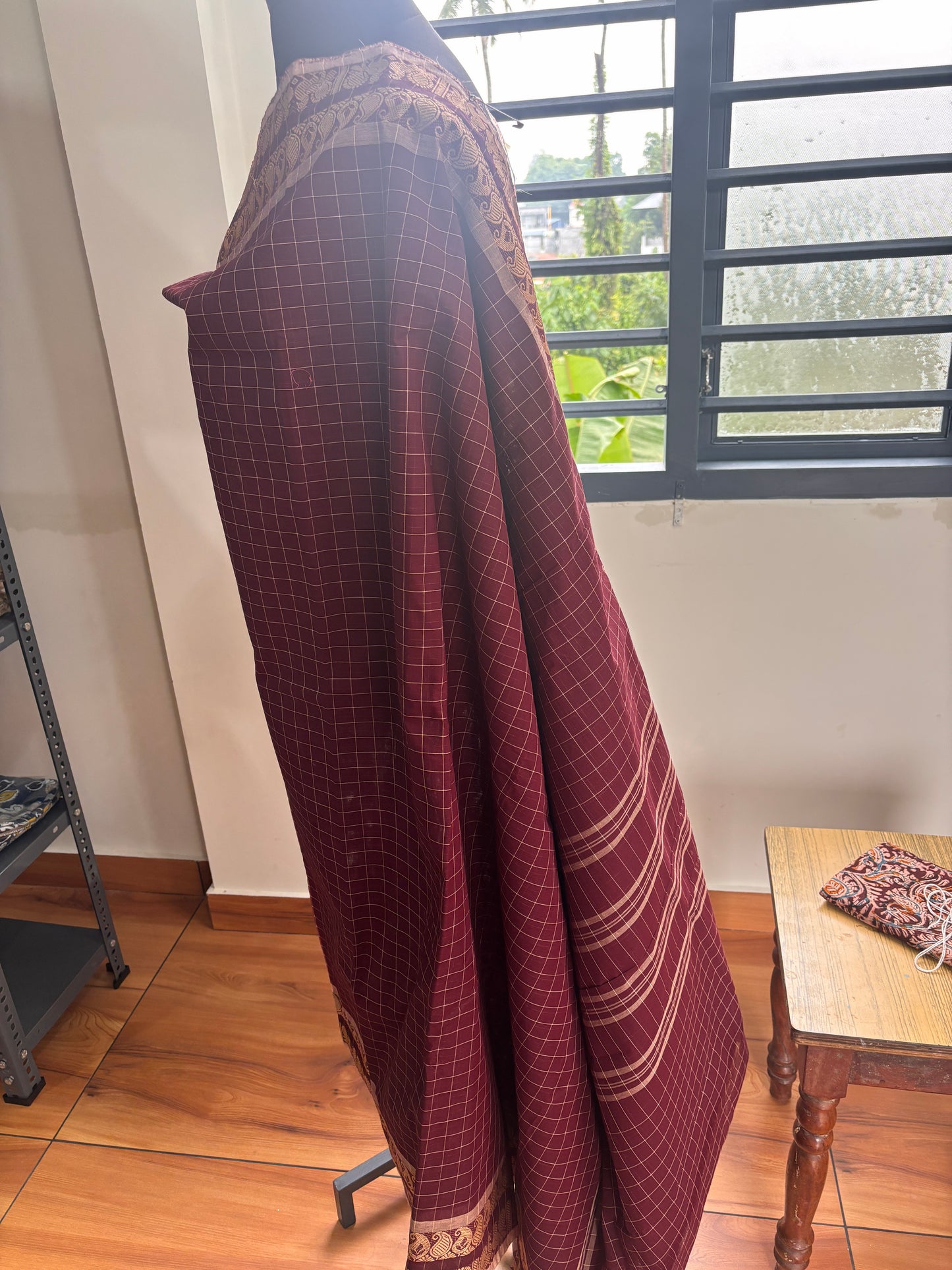 Chettinad Cotton check Sarees with Kalamkari blouse piece