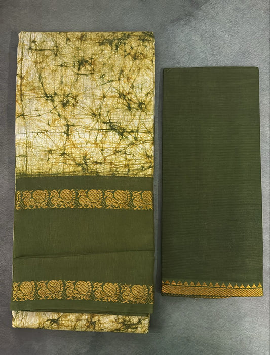 Tarangini wax batik tye dye Sungudi cotton saree with grand pallu and blouse (green gram colour )