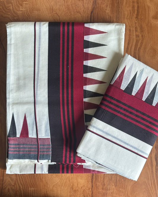 Maroon black temple border kattikara Cotton Set Mundu