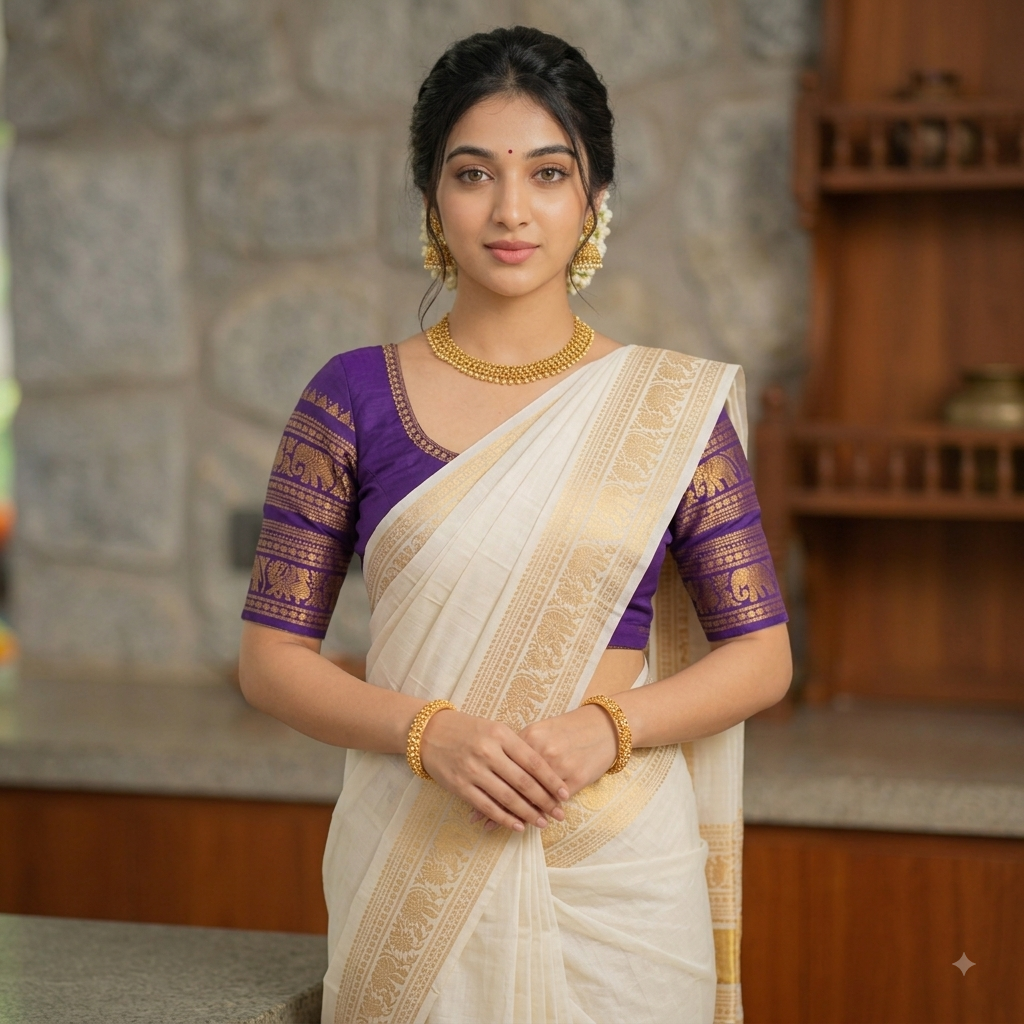 Sungudi handloom peacock double border off white saree with violet blouse