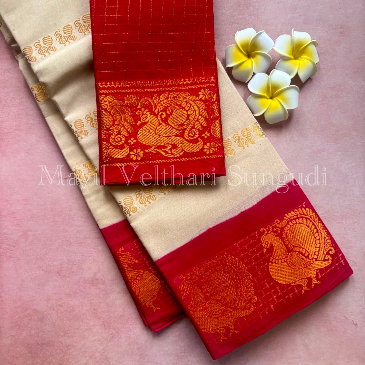 Handloom Sungudi peacock woven border velthari Saree with contrast Red blouse