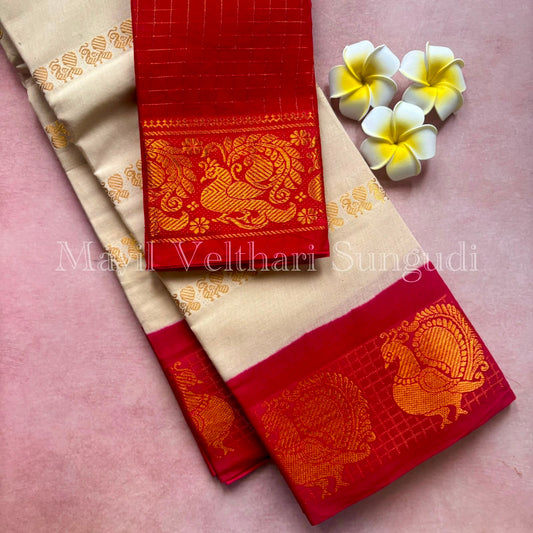 Handloom Sungudi peacock woven border velthari Saree with contrast Red blouse
