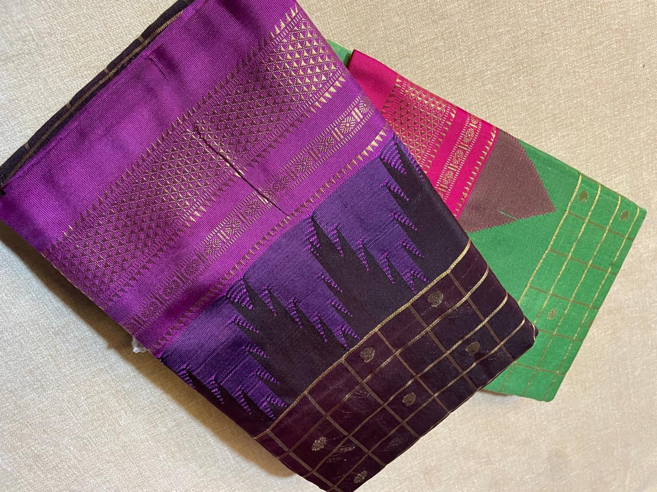 Mercerised Temple Border Gadiwal Ilkal Saree Chikki Paras with Tope Pallu