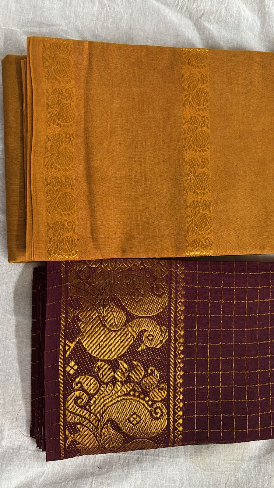 Pre order : Tarangini Handloom Sungudi Sarees Mustard yellow with contrast Maroon Blouse piece
