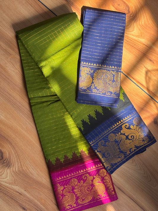 Ganga jamuna Handloom Sungudi Cotton Saree green blue pink
