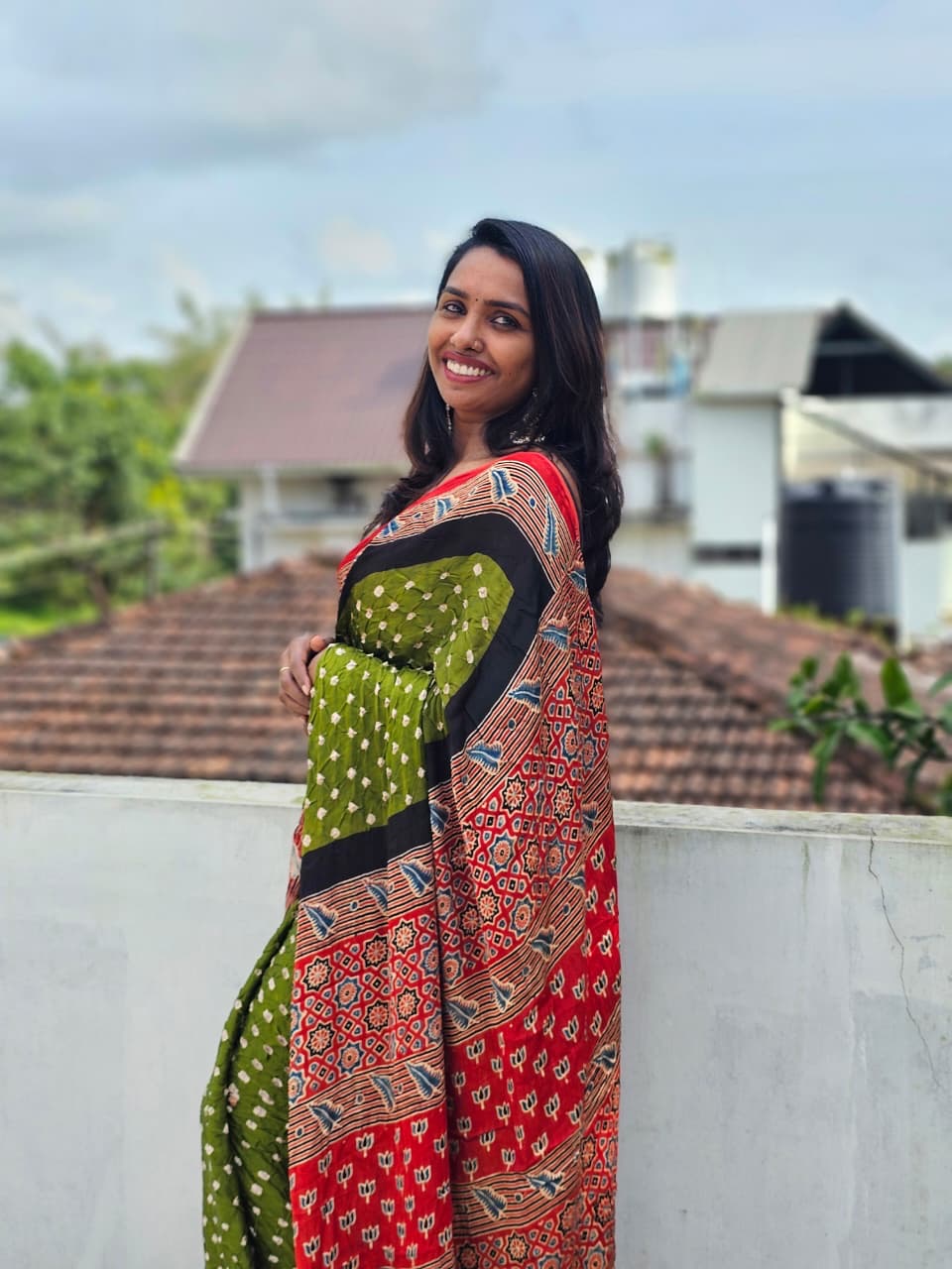 Modal silk Ajrakh block printed Hand Bhandej Sarees Green