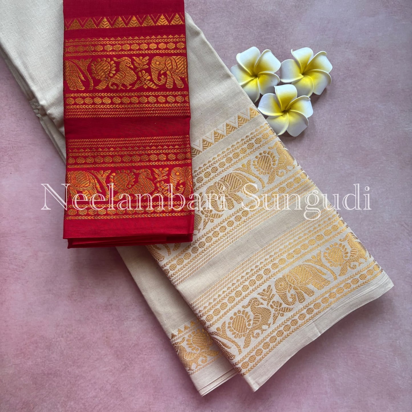 Sungudi handloom cotton Mayuri peacock double border saree with red blouse