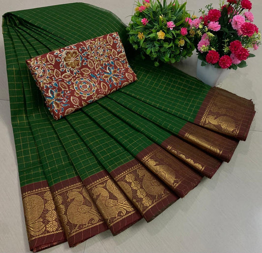 Tarangini Sungudi cotton saree with printed blouse piece green
