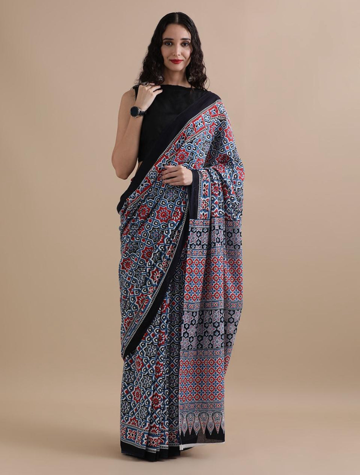 Vasantika (वसन्तिका) Jaipur Hand Block printed Soft Cotton Sarees, Geometric pattern VA05