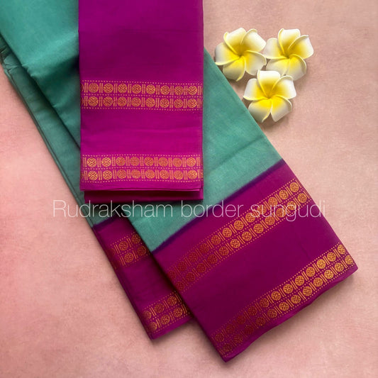 Tarangini Rudraksha border rama green and majenta border Sungudi handloom cotton saree