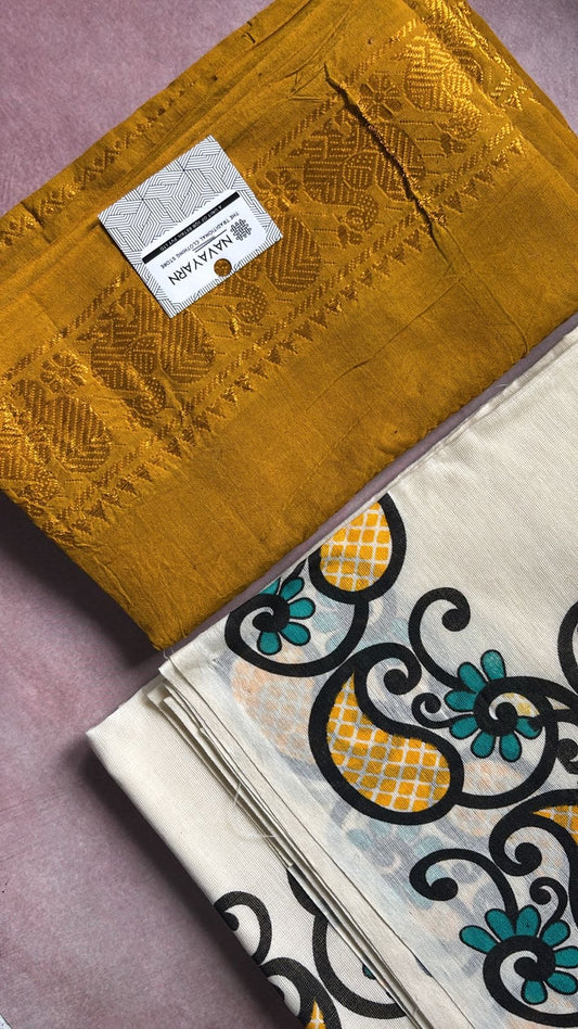 Onam special printed Cotton Set Mundu with handloom sungudi cotton blouse piece