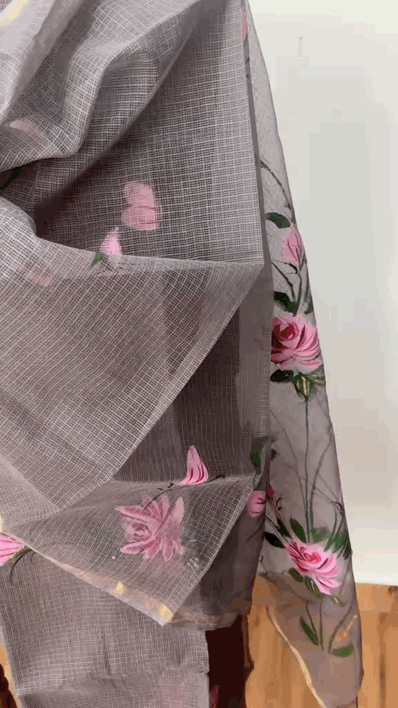 Handpainted Lotus Kota Doria Suit Set Unstitched
