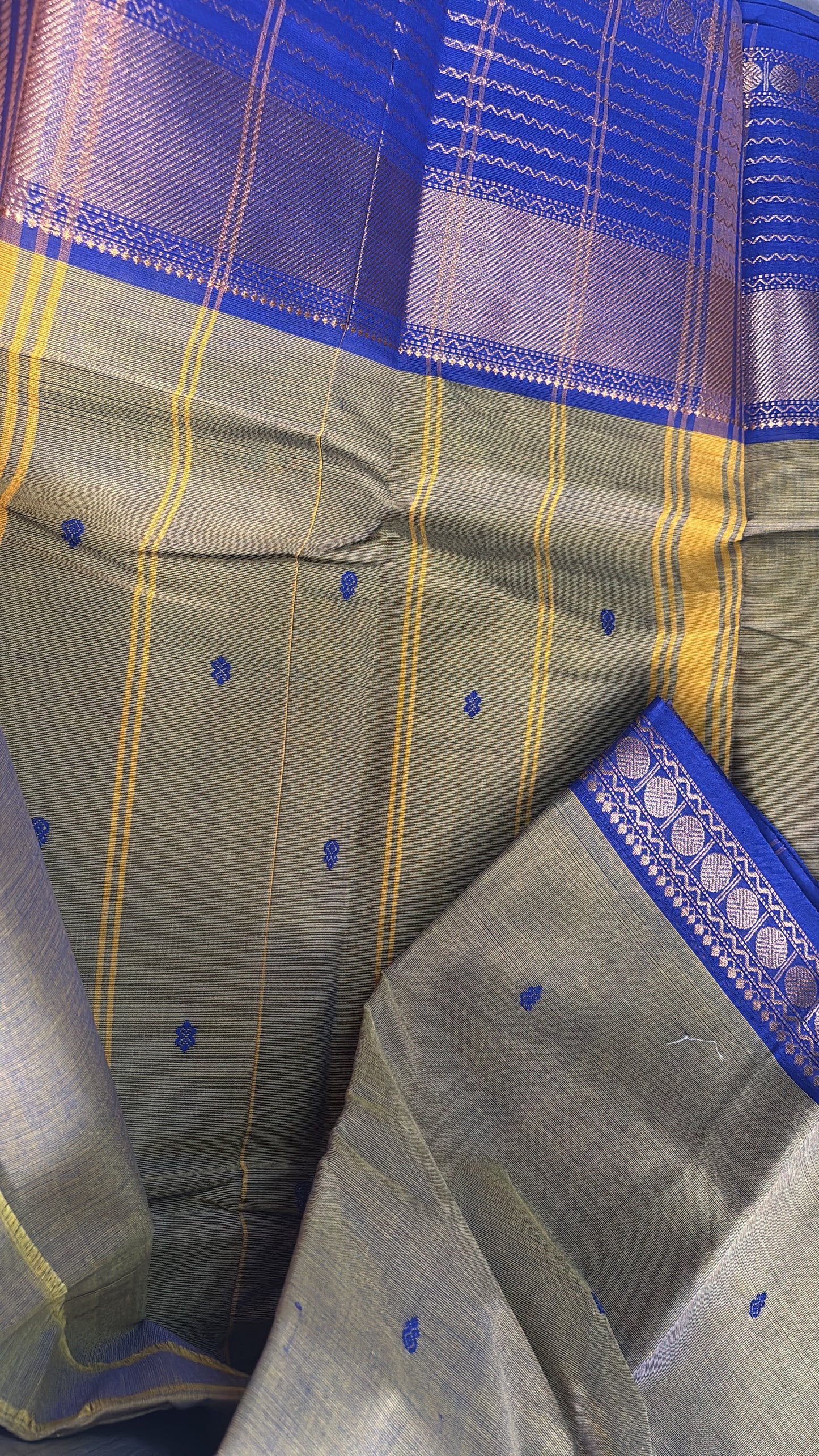 Metallic tone with deep violet contrast border Kanchi cotton Saree with buttas