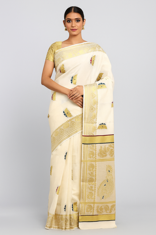 Sarvani lotus woven butta grand pallu Kerala Cotton Sarees