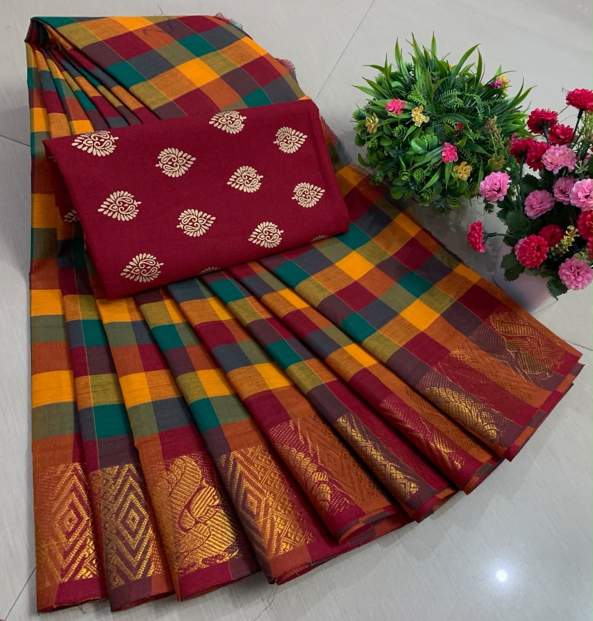 Madras checks paalum pazham Chettinad cotton Saree