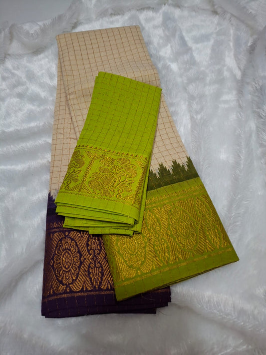 Ganga jamuna Sungudi handloom Cotton Saree beige green violet