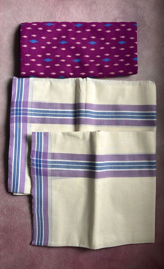 Mulloth Pure cotton Set Mundu with printed cotton blouse piece