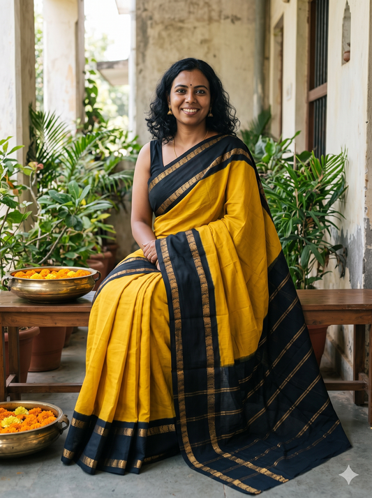 Mustard yellow black retta petta Sungudi cotton Saree SNS46