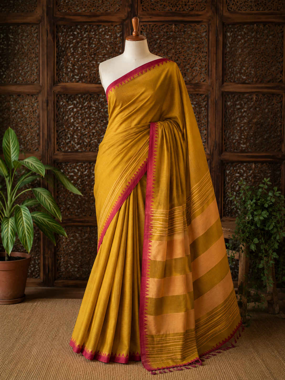 Dhaniakali handloom cotton Saree in mustard yellow