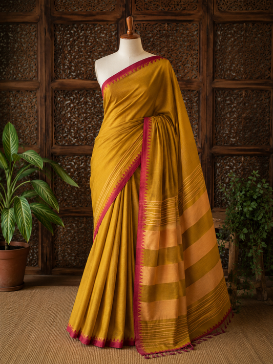 Dhaniakali certified handloom cotton Saree in mustard yellow