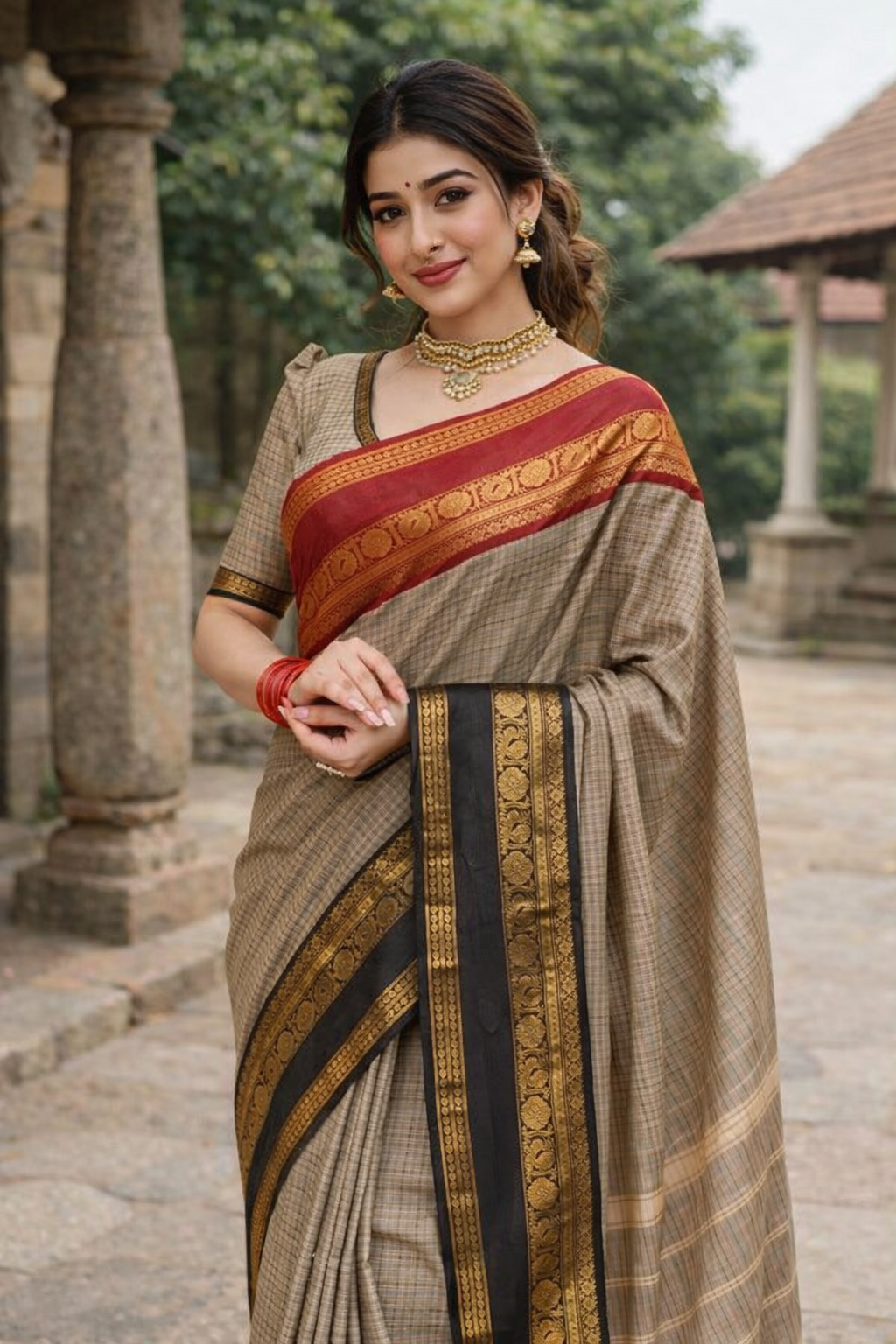 Sangita kanchi cotton checks Saree with ganga jamuna border