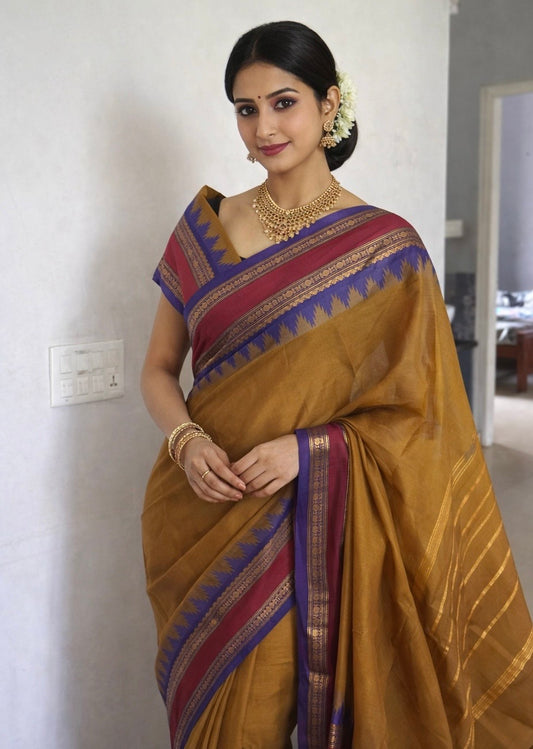 Sangita Chettinad kanchi cotton Saree in rustic shade with temple border