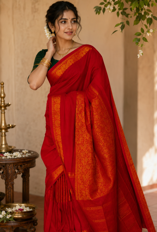 Handloom Sungudi Cotton Vanasingaram Saree in festive red and green combination