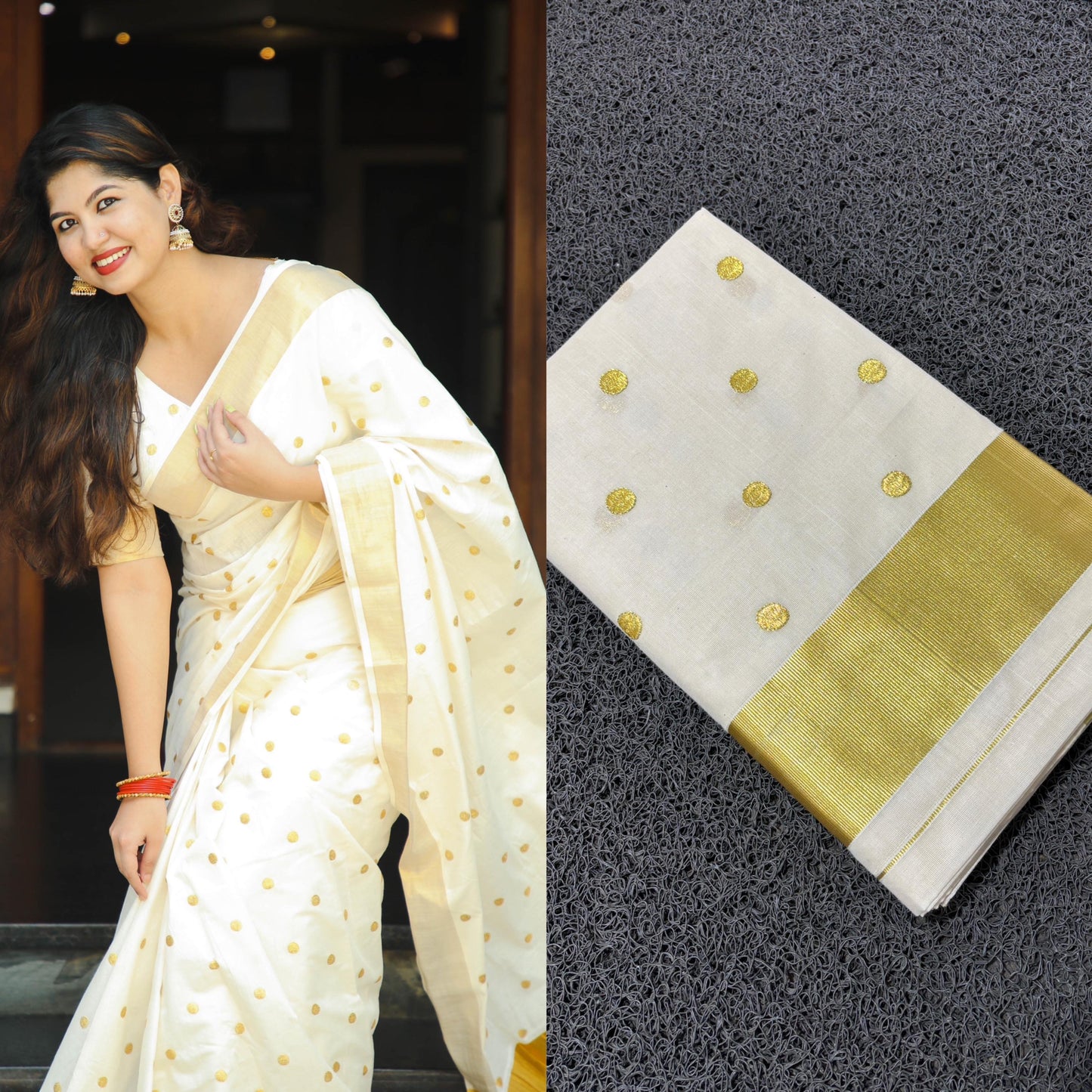 Vishu special polka dot embroidered Kerala cotton Saree e
