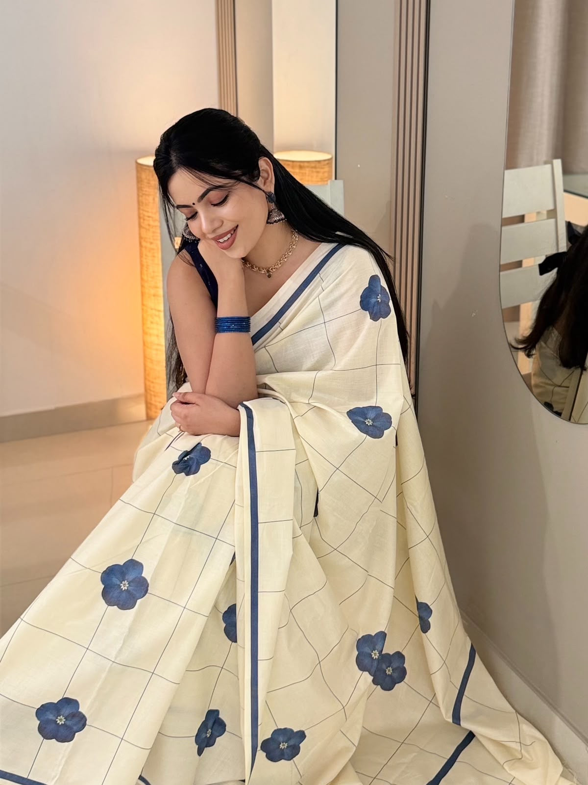 Indigo floral check Saree