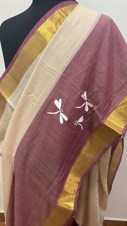 Handpainted dragon fly dual tone mal cotton Saree
