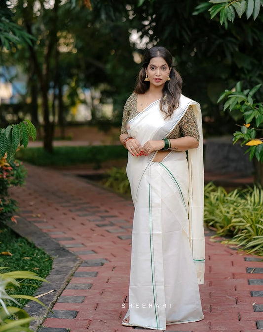 Puliyilakkara Single Set Mundu Green colour, Rajila’s choice