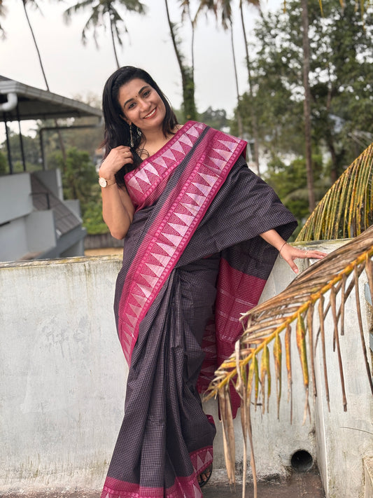 Gopuram border micro check sungudi cotton saree black and wine maroon