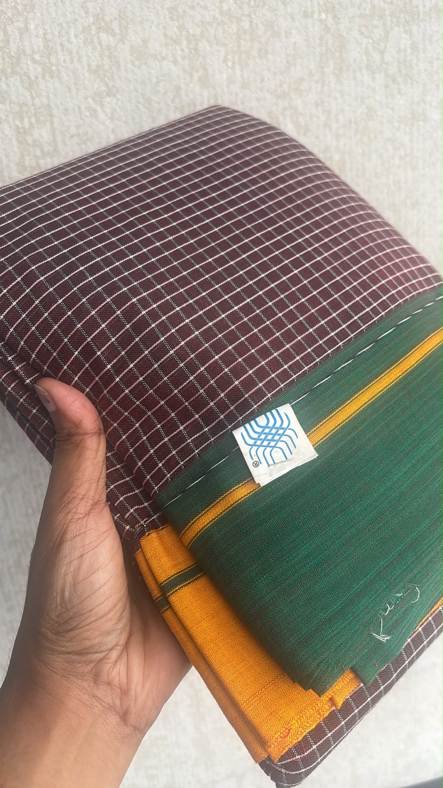 Patteda Aanchu handloom marked brown checks with green and mango yellow ganga jamuna borders PAT05