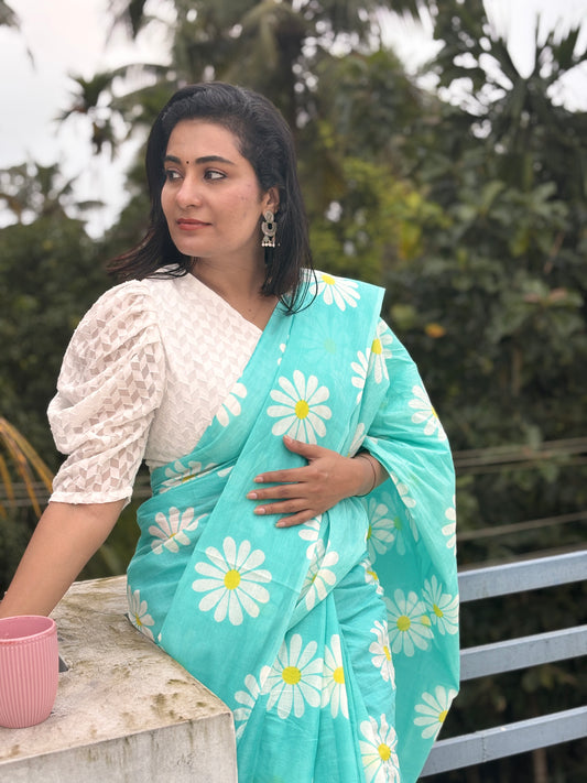 Jaipur Soft cotton flower block print saree