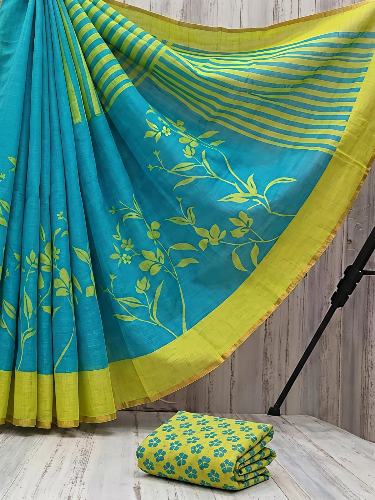 Floral Blue Linen Cotton Sarees