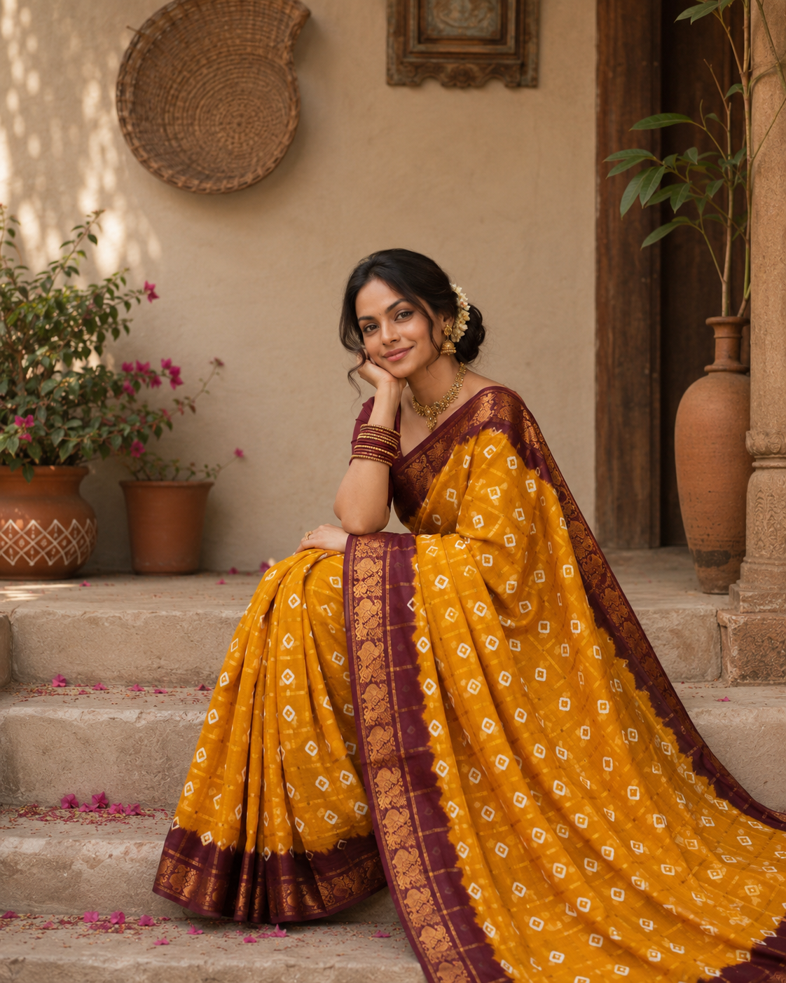 Nethra Mango yellow Sungudi bhandhani cotton Saree with contrast border